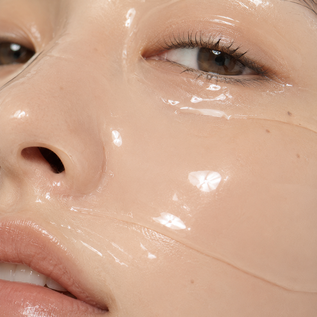Close-up of a model wearing a transparent hydrogel face mask on the skin