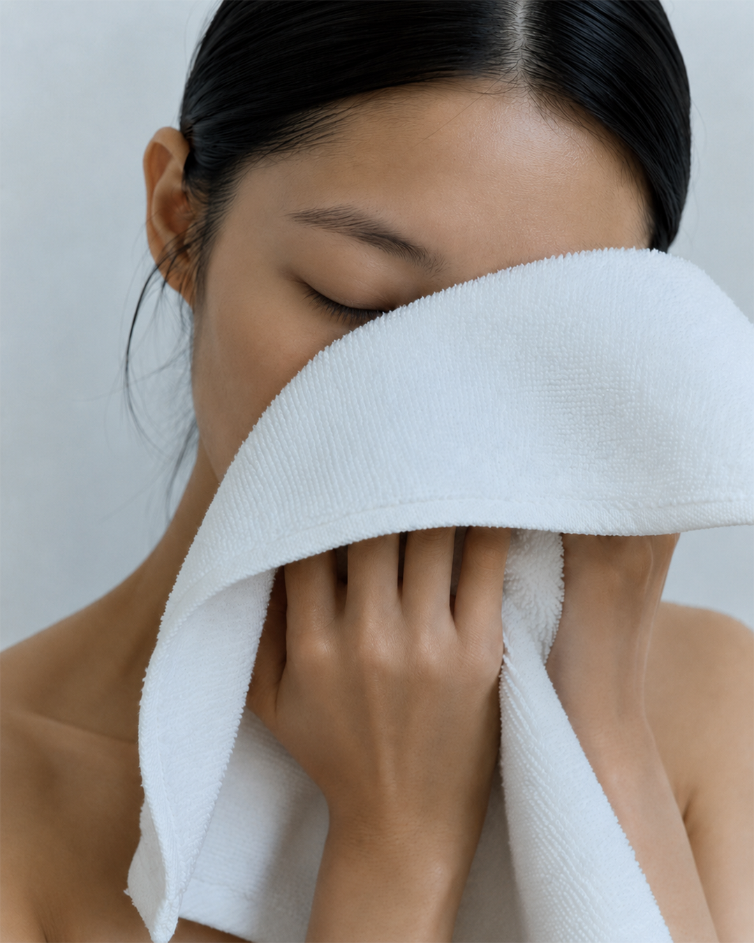 A woman gently dries her face with a soft white towel after cleansing