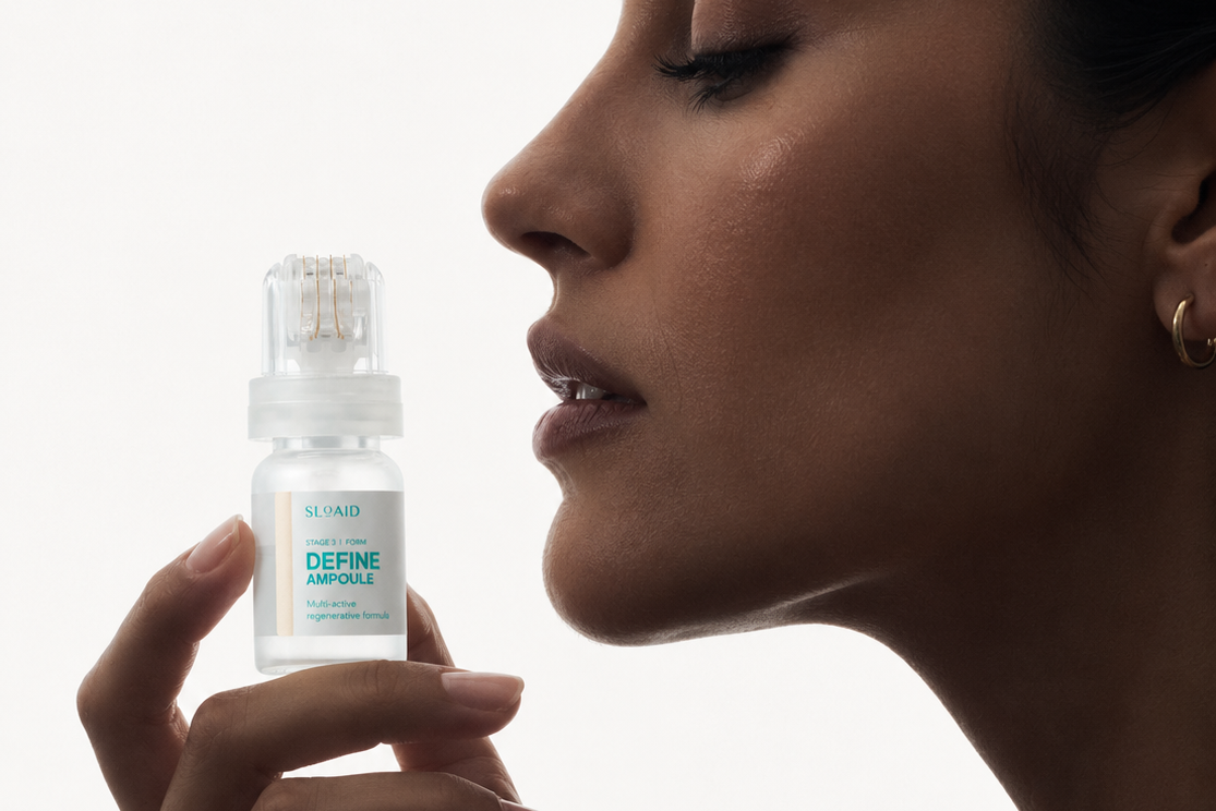 Close-up portrait of a woman holding the SLOAID microneedle ampoule applicator, highlighting precision skincare, skin regeneration, and healthy radiant skin