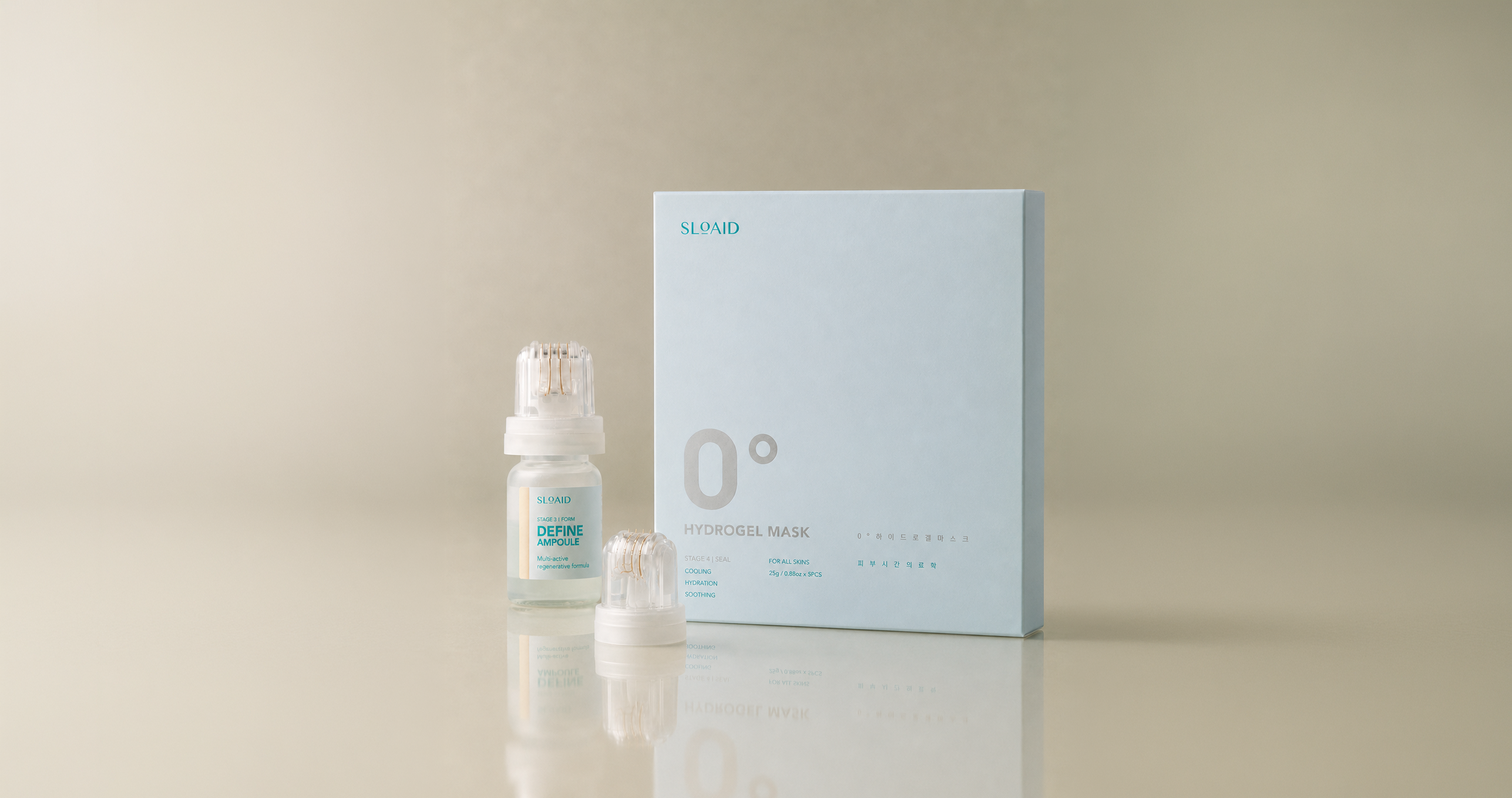 SLOAID microneedle ampoule and hydrogel mask skincare kit with interchangeable roller applicator on a minimalist studio background