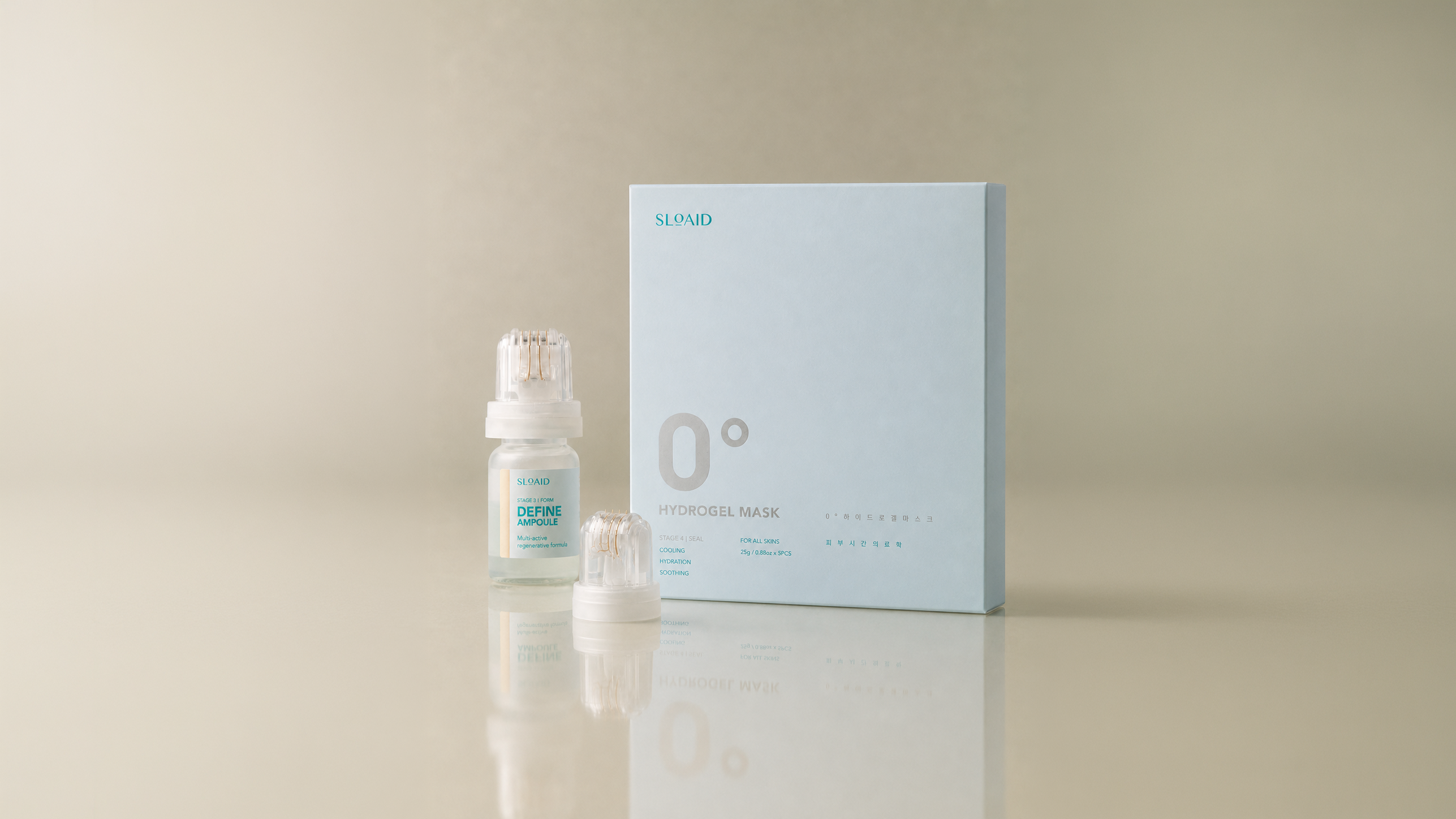 SLOAID microneedle ampoule and hydrogel mask skincare kit with interchangeable roller applicator on a minimalist studio background