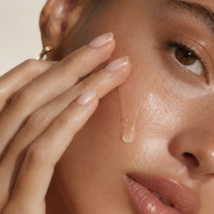 Close-up of glowing skin with a clear serum droplet being gently applied to the cheek