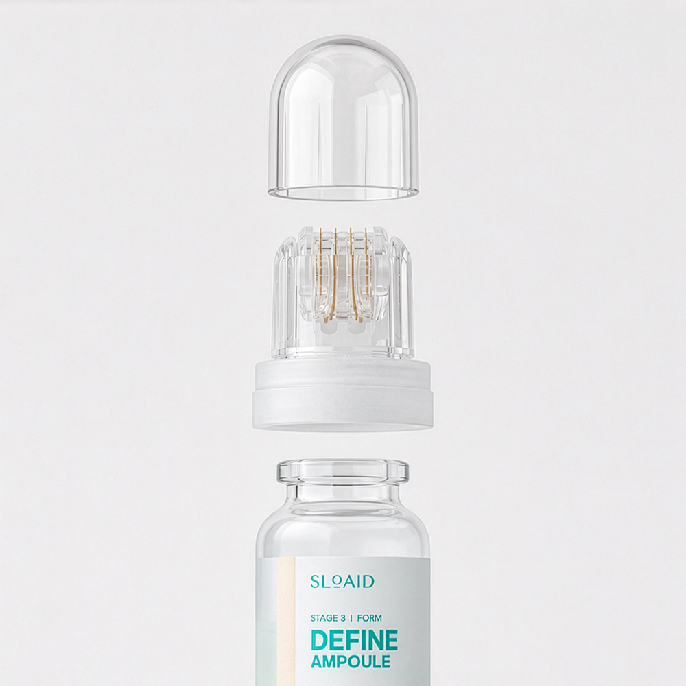 Exploded view of the SLOAID microneedle roller applicator with protective cap and ampoule