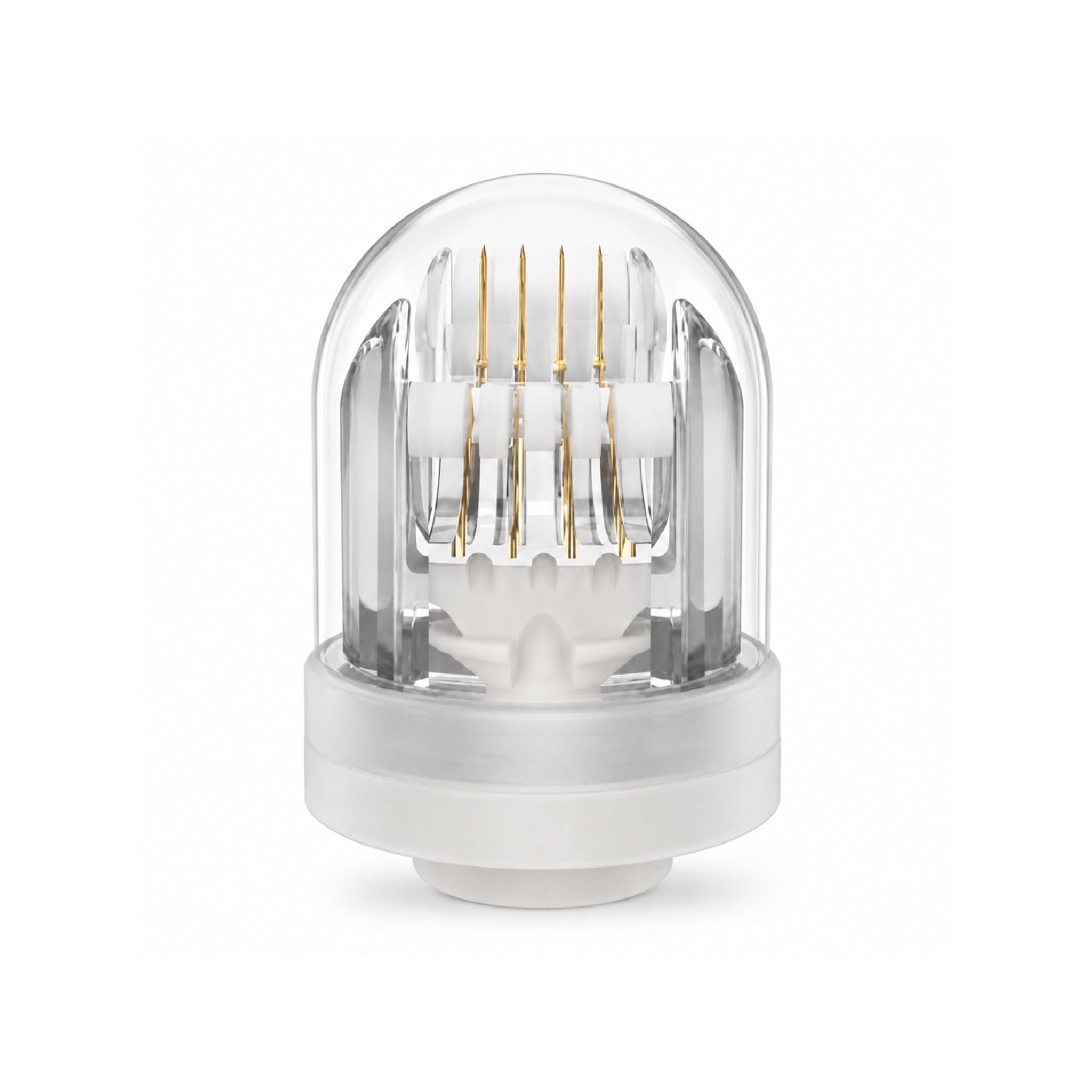 Front view of the Roller Gold micro-needle head with a transparent protective cap