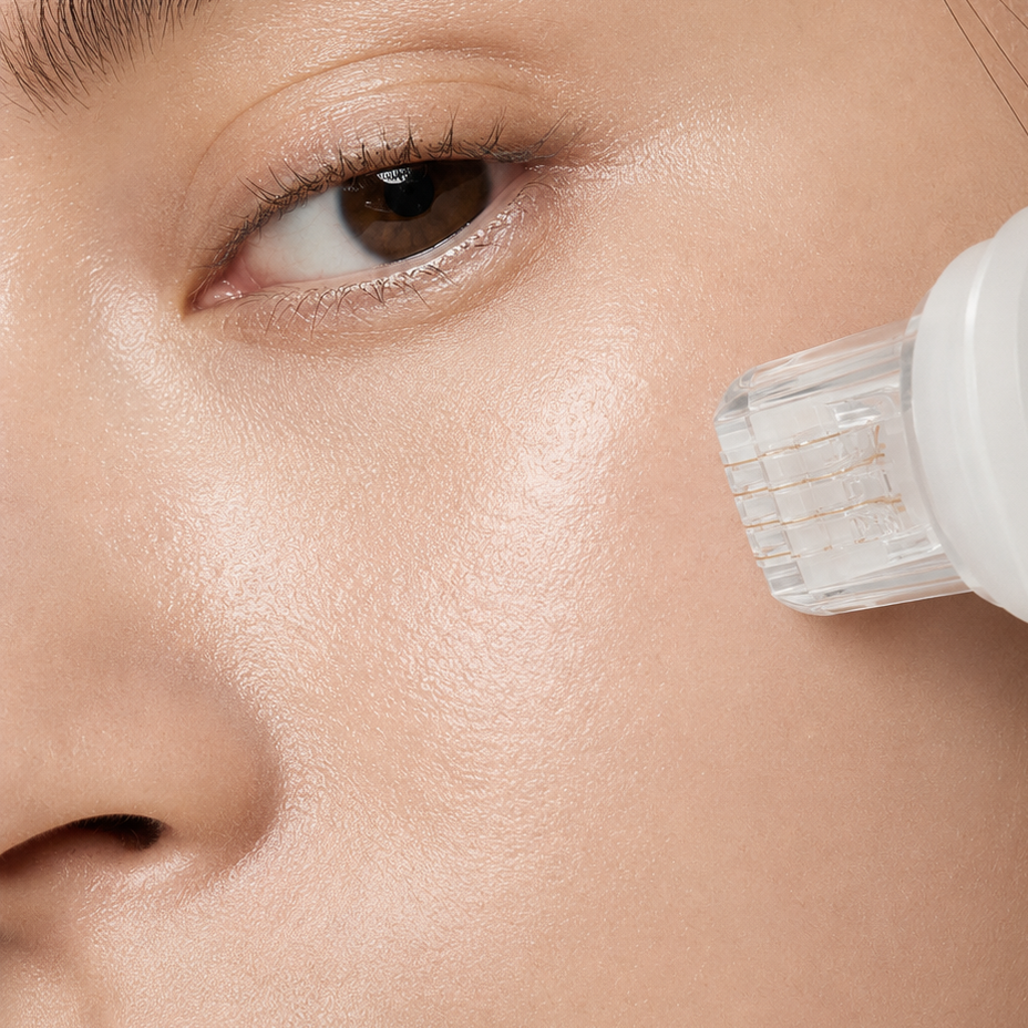 Close-up of the Roller Gold micro-needle device gently applied to the cheek for targeted skincare treatment