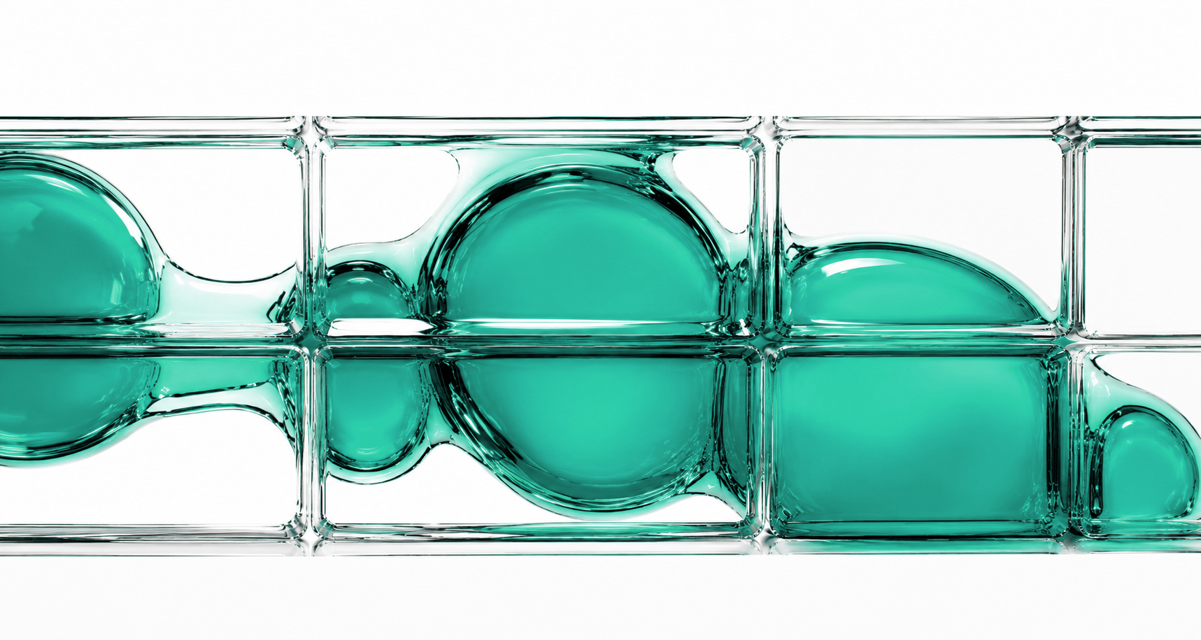 Abstract teal glass structures symbolizing skincare technology, alongside cleansing and serum application for a complete skincare routine