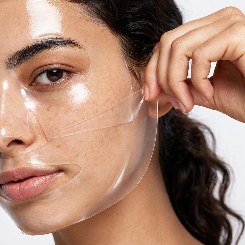 Close-up of a woman removing a transparent hydrogel face mask from her cheek