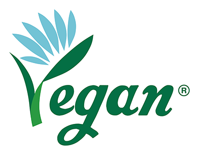 Vegan certification logo with a stylized green leaf and blue petals
