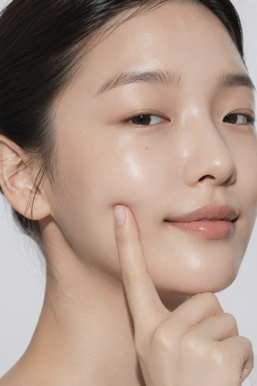 A woman gently presses her glowing cheek with her fingertip