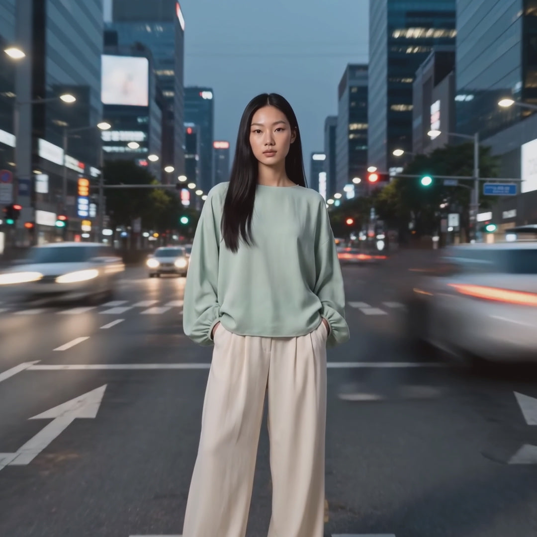 Brand manifesto video introducing SLOAID's slow skincare philosophy, following a woman through the city before embracing mindful skin longevity with the message "Design your skin time."